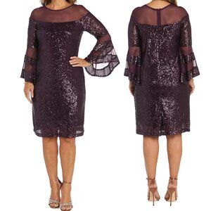 R&M Richard Short Plum Purple Sequin Mini Dress with Bell Batwing Sleeves 22W 22